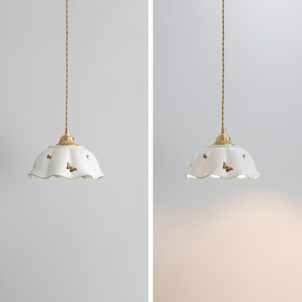 Pendant Lamp Ceramic Petal Shade Hand Painted Butterflies Vintage Charm | Fioriscas