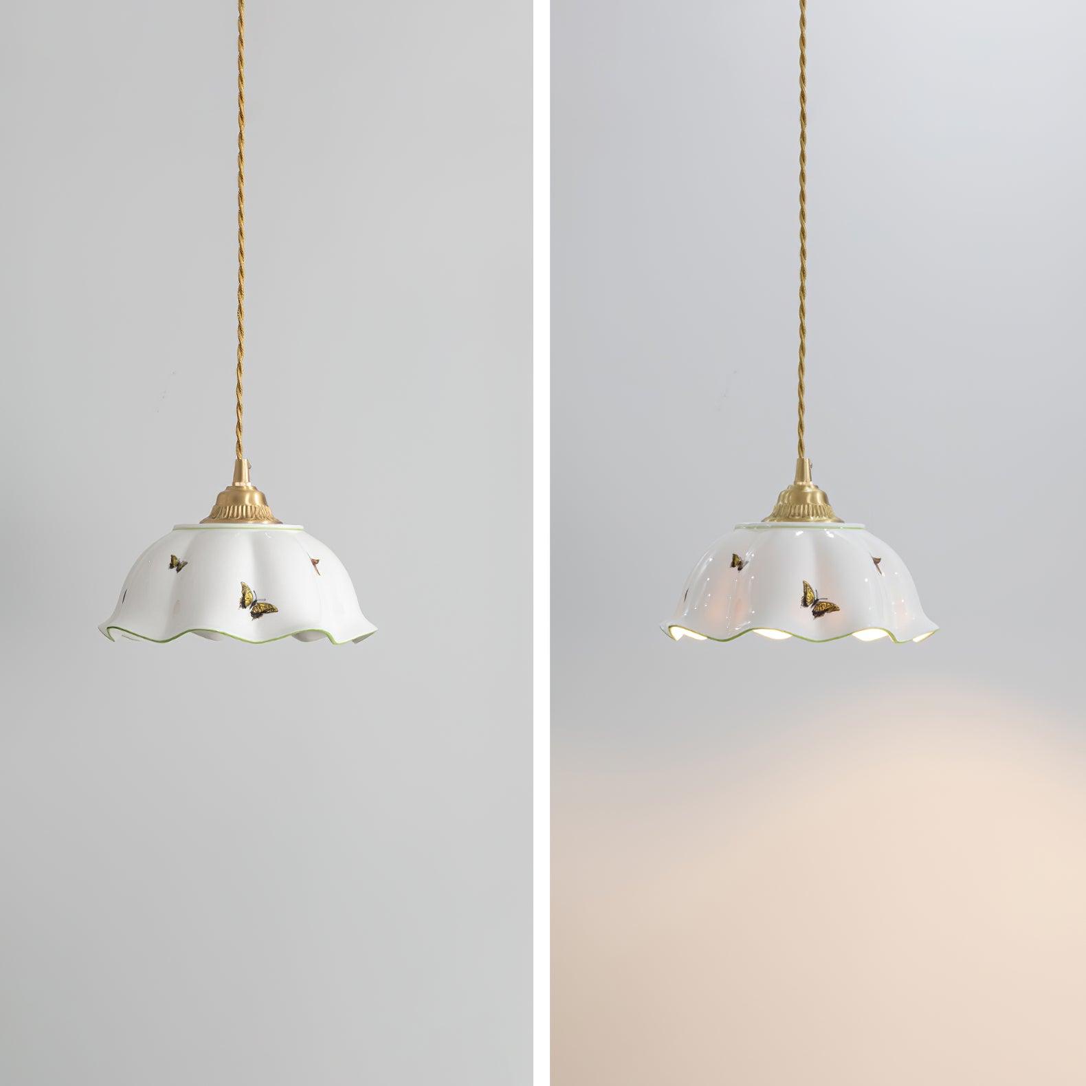 Pendant Lamp Ceramic Petal Shade Hand Painted Butterflies Vintage Charm | Fioriscas