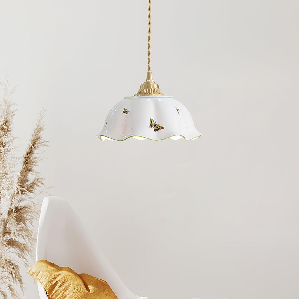 Pendant Lamp Ceramic Petal Shade Hand Painted Butterflies Vintage Charm | Fioriscas