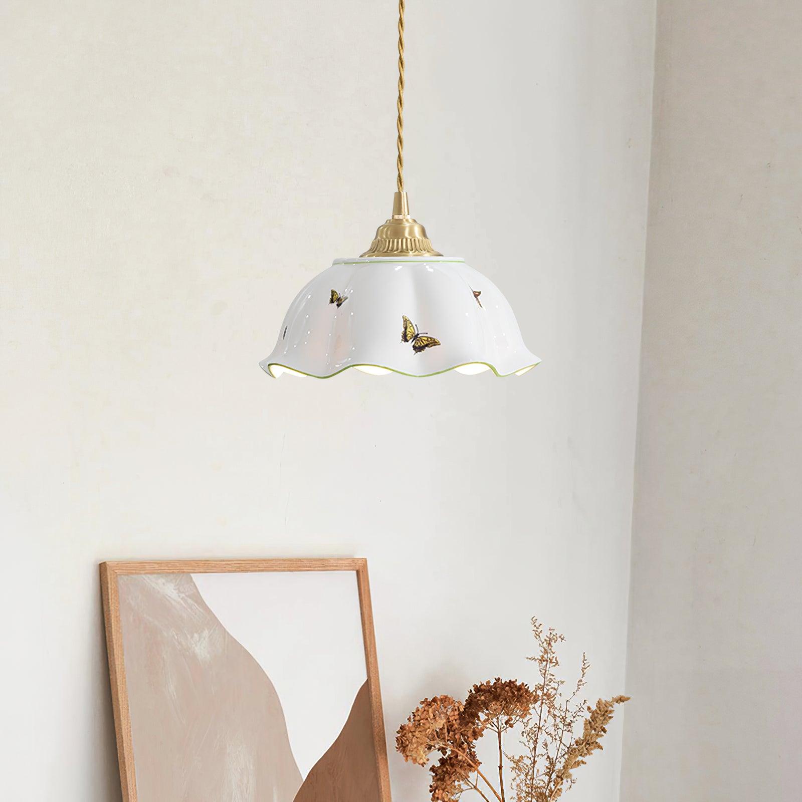 Pendant Lamp Ceramic Petal Shade Hand Painted Butterflies Vintage Charm | Fioriscas