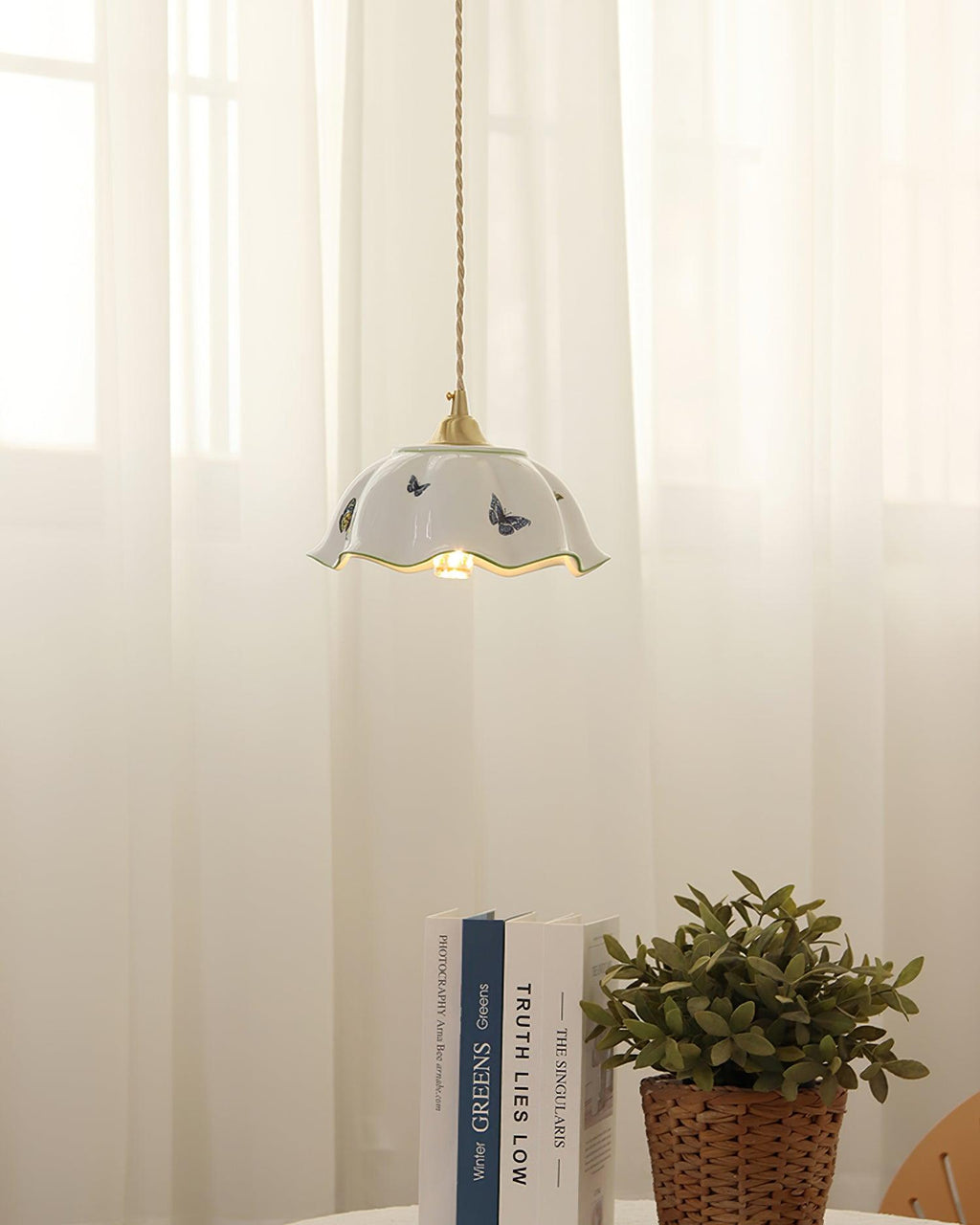 Pendant Lamp Ceramic Petal Shade Hand Painted Butterflies Vintage Charm | Fioriscas