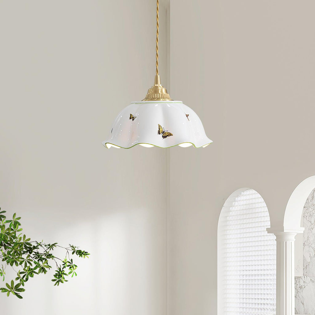 Pendant Lamp Ceramic Petal Shade Hand Painted Butterflies Vintage Charm | Fioriscas