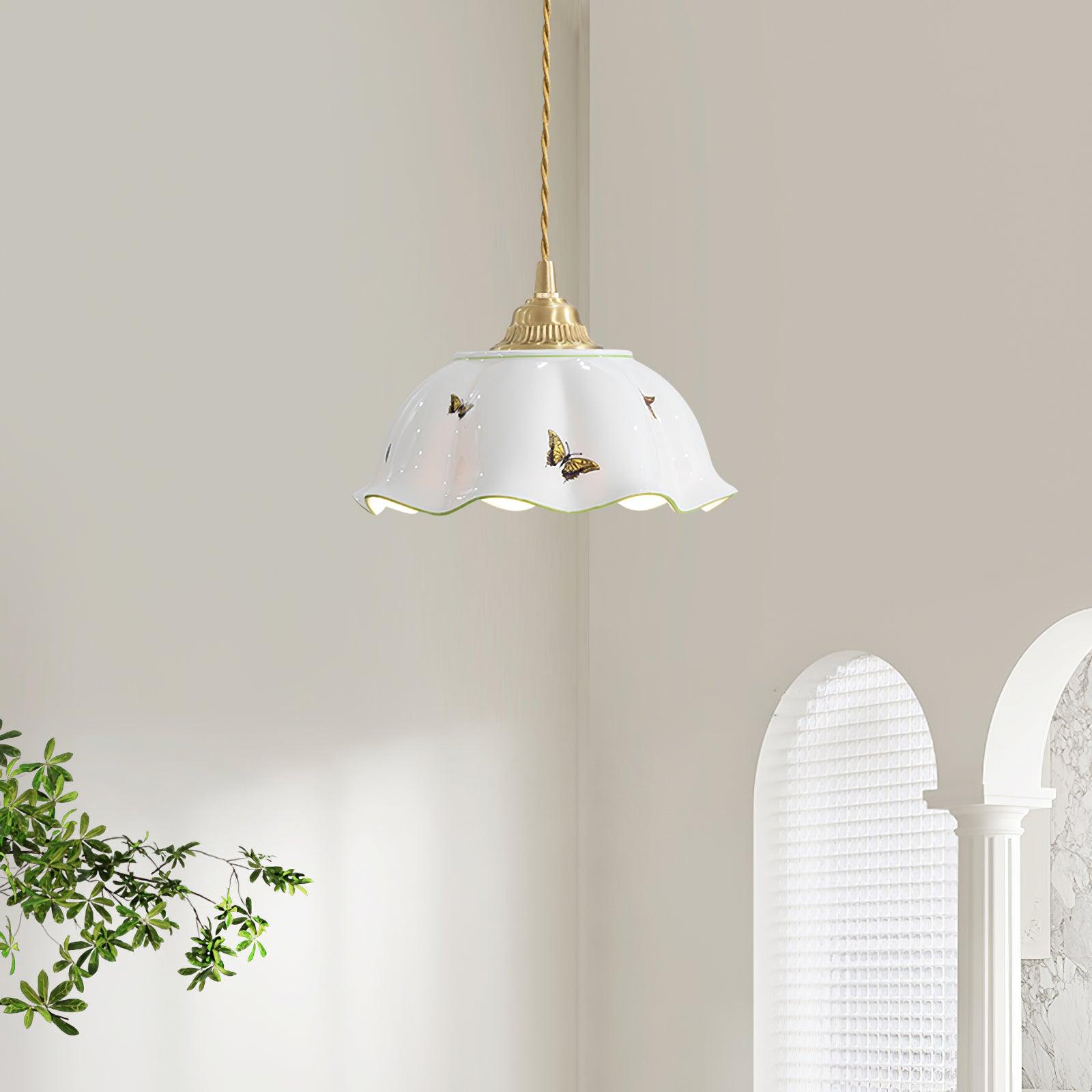 Pendant Lamp Ceramic Petal Shade Hand Painted Butterflies Vintage Charm | Fioriscas