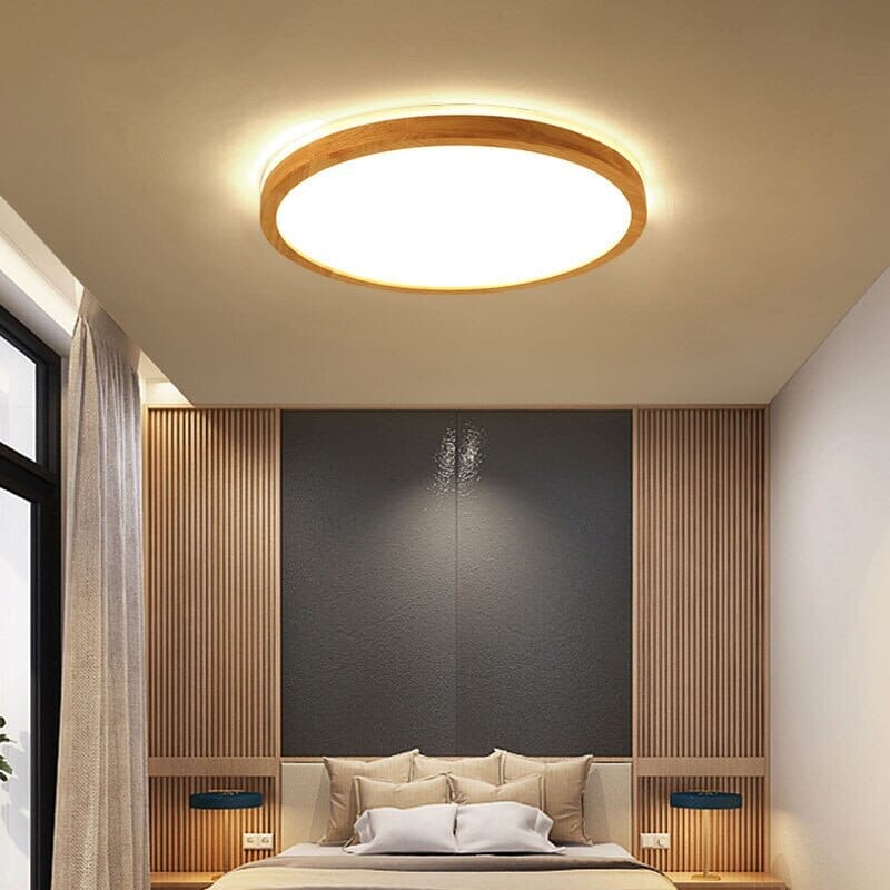 AuroraGlow Wood & Acrylic Flush Mount Ceiling Light, Smart LED Remote Dimming