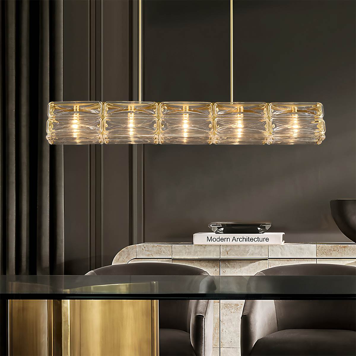 Aurelia Copper Textured Glass Linear Chandelier For Modern Living