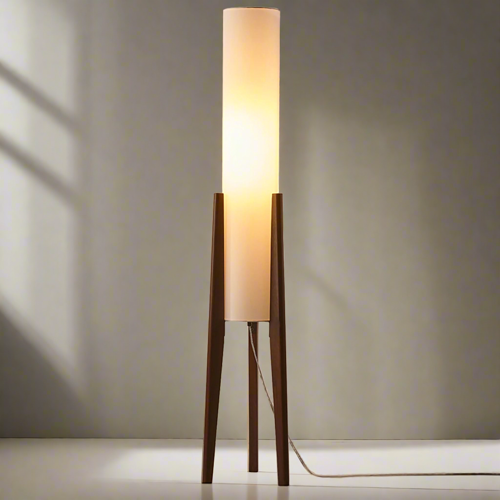 Liora Stehlampe, Walnussholzfuß mit Stoffschirm und dimmbarer LED