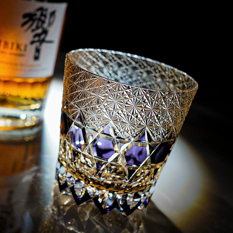 Bicchiere da whisky sfaccettato in stile fluorite Hikaru con scatola in legno