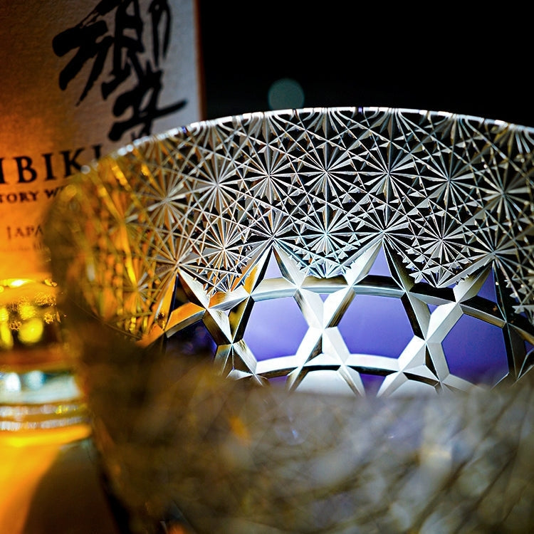 Bicchiere da whisky sfaccettato in stile fluorite Hikaru con scatola in legno