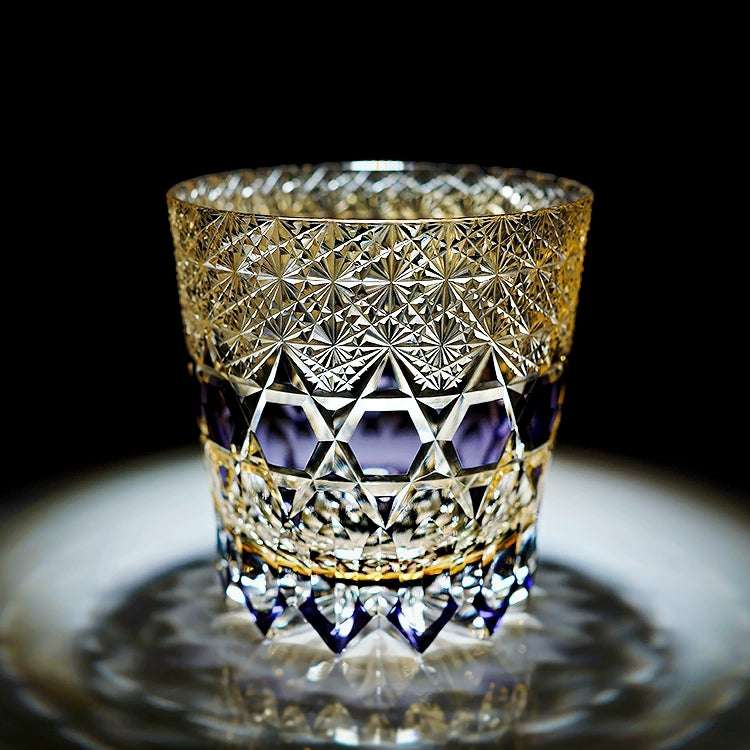 Bicchiere da whisky sfaccettato in stile fluorite Hikaru con scatola in legno