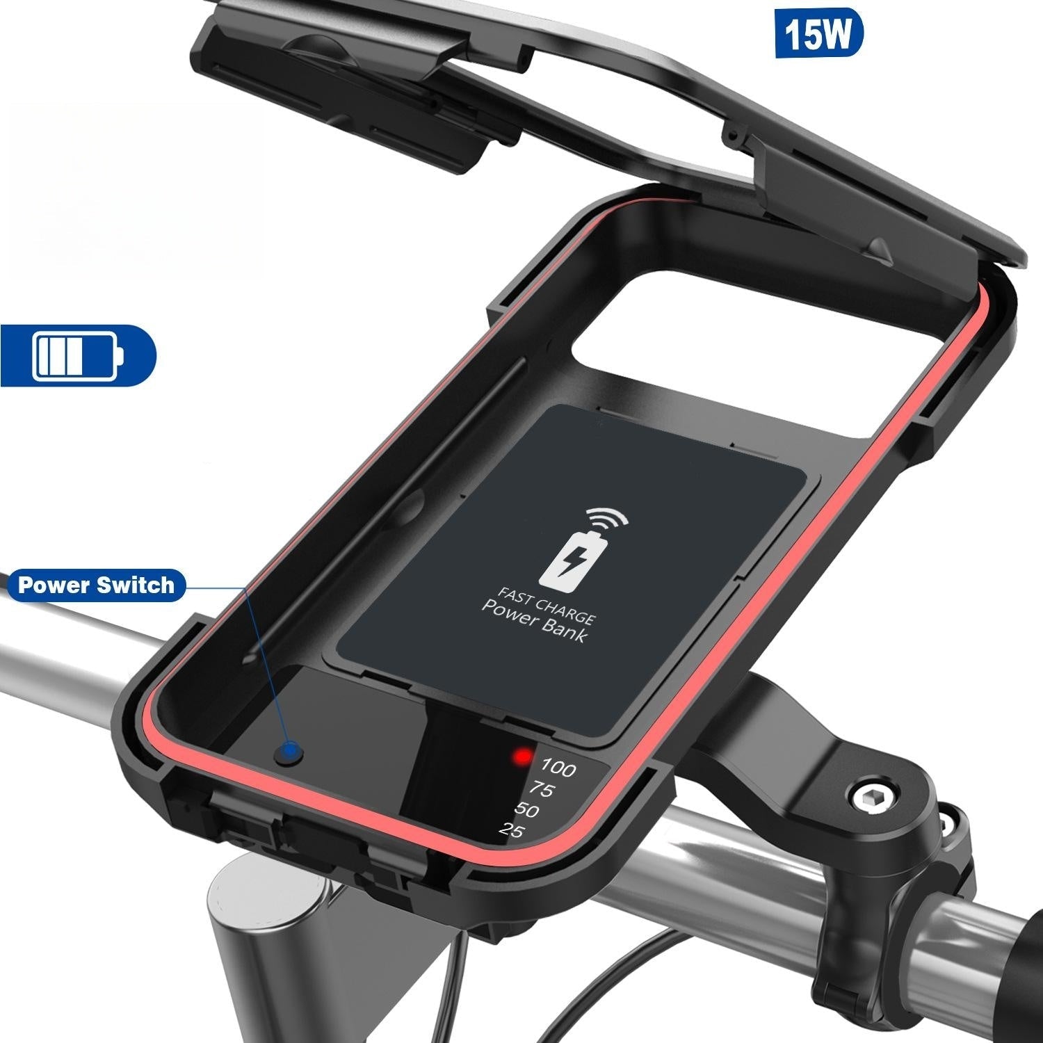NovaTrail-cykeltelefonholder med vandtæt etui og 15 W trådløs powerbank