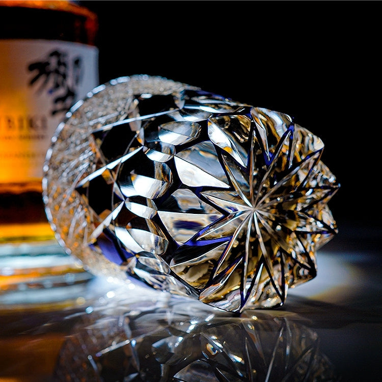 Bicchiere da whisky sfaccettato in stile fluorite Hikaru con scatola in legno