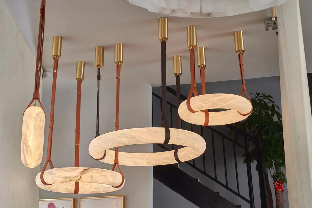 Étoile Pendant Light Alabaster Ring Leather Straps Scandinavian | Fioriscas