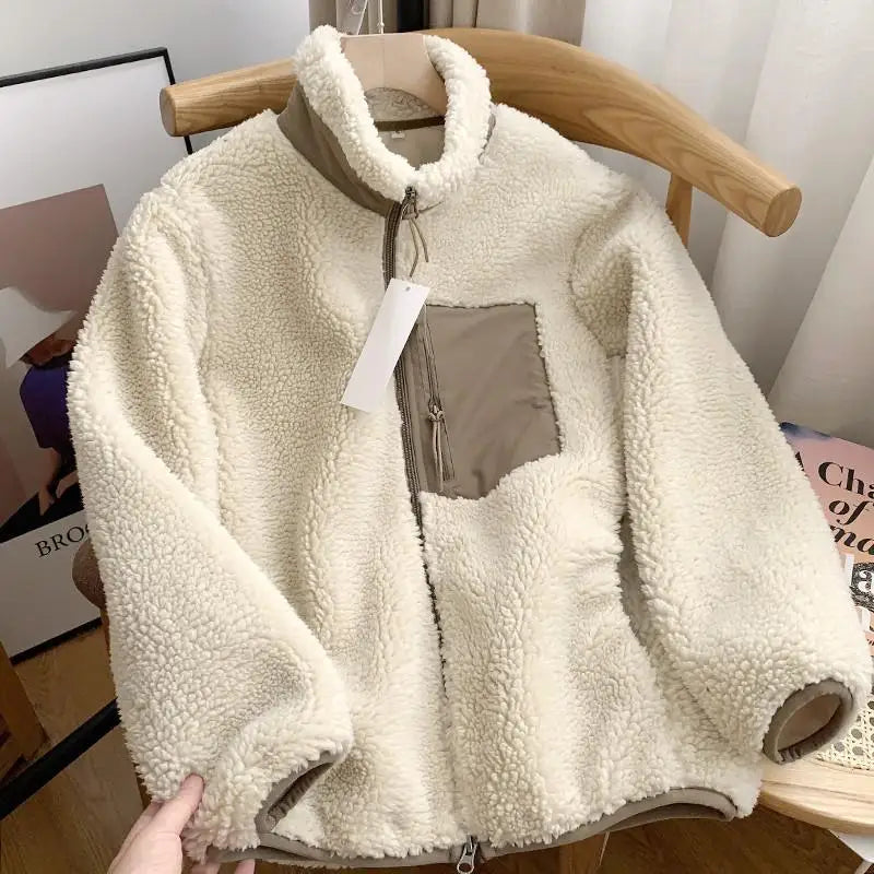 Casaco de lã polar com fecho integral, casaco de camadas de pelúcia NovaLuxe para mulher