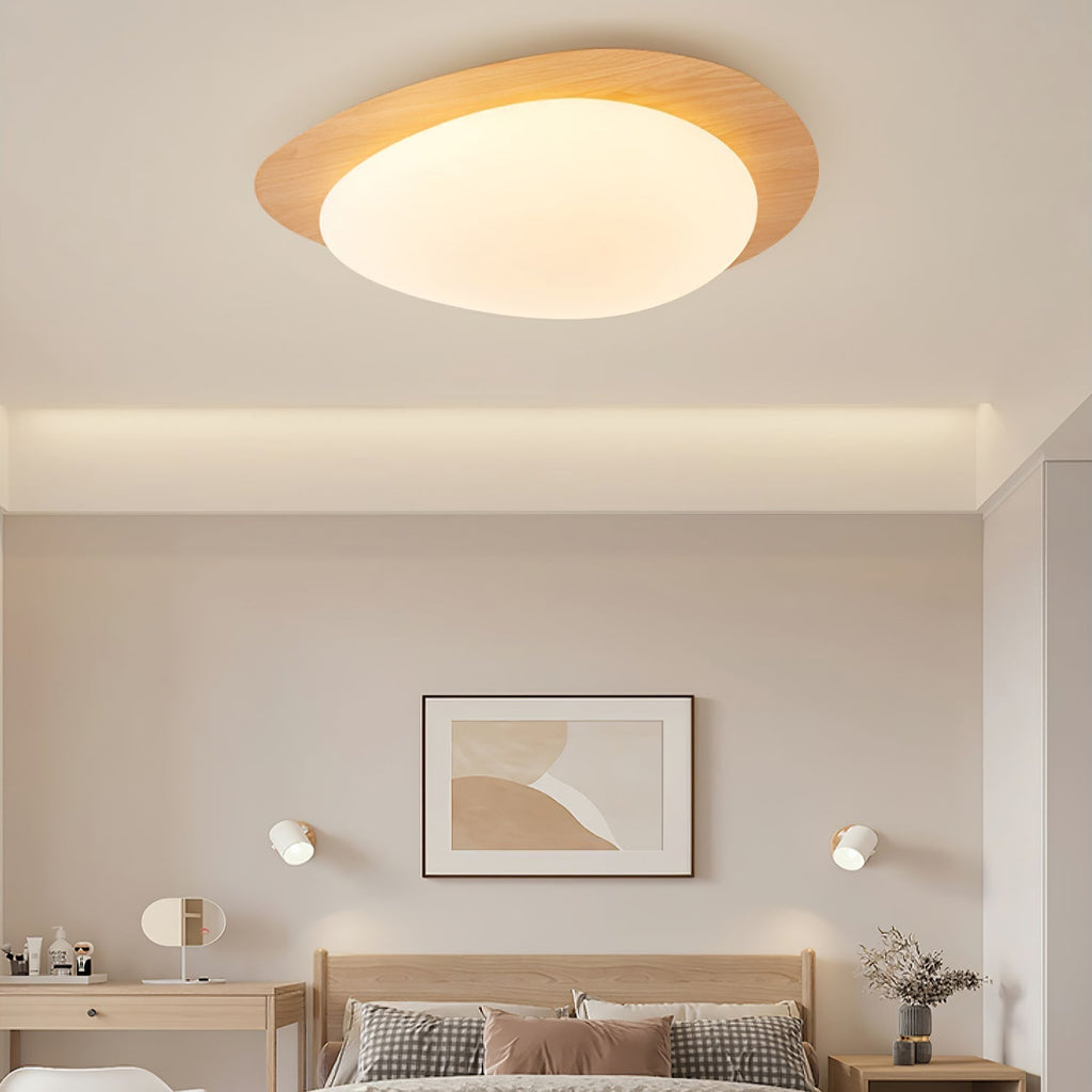 Ceiling Lamp, Pebble-Inspired Silhouette, Walnut Wood-Grain Finish, Warm Glow