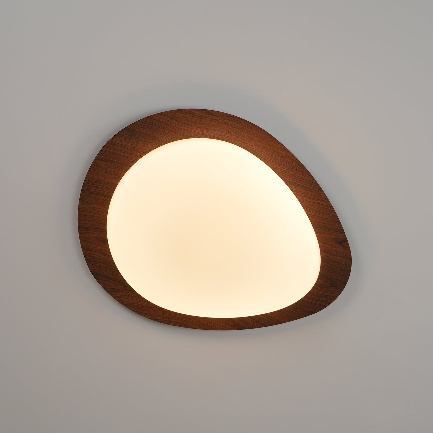 Ceiling Lamp, Pebble-Inspired Silhouette, Walnut Wood-Grain Finish, Warm Glow