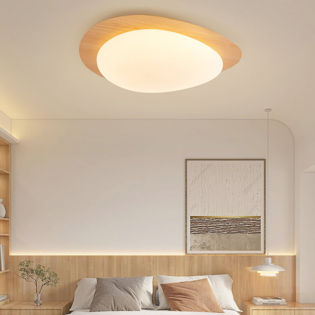 Ceiling Lamp, Pebble-Inspired Silhouette, Walnut Wood-Grain Finish, Warm Glow