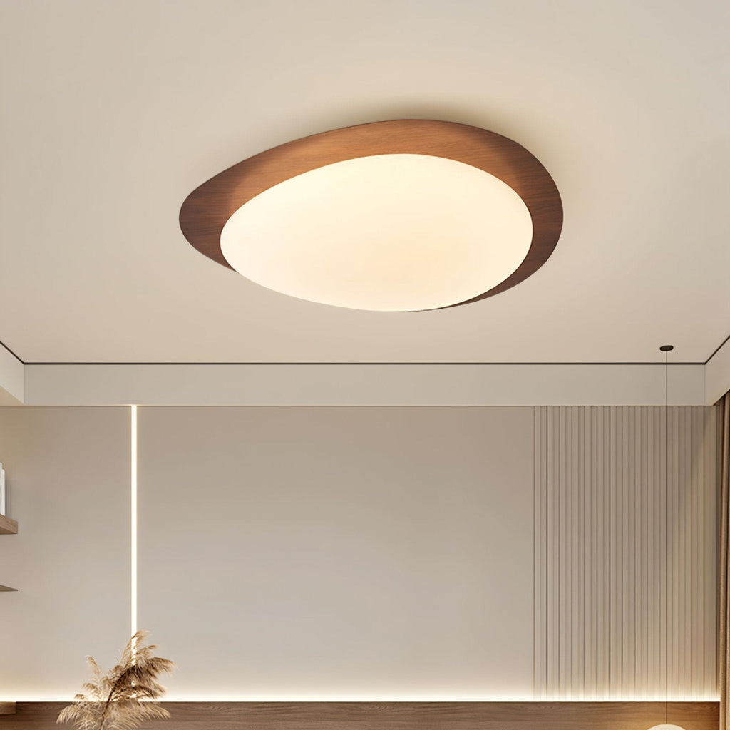 Ceiling Lamp, Pebble-Inspired Silhouette, Walnut Wood-Grain Finish, Warm Glow