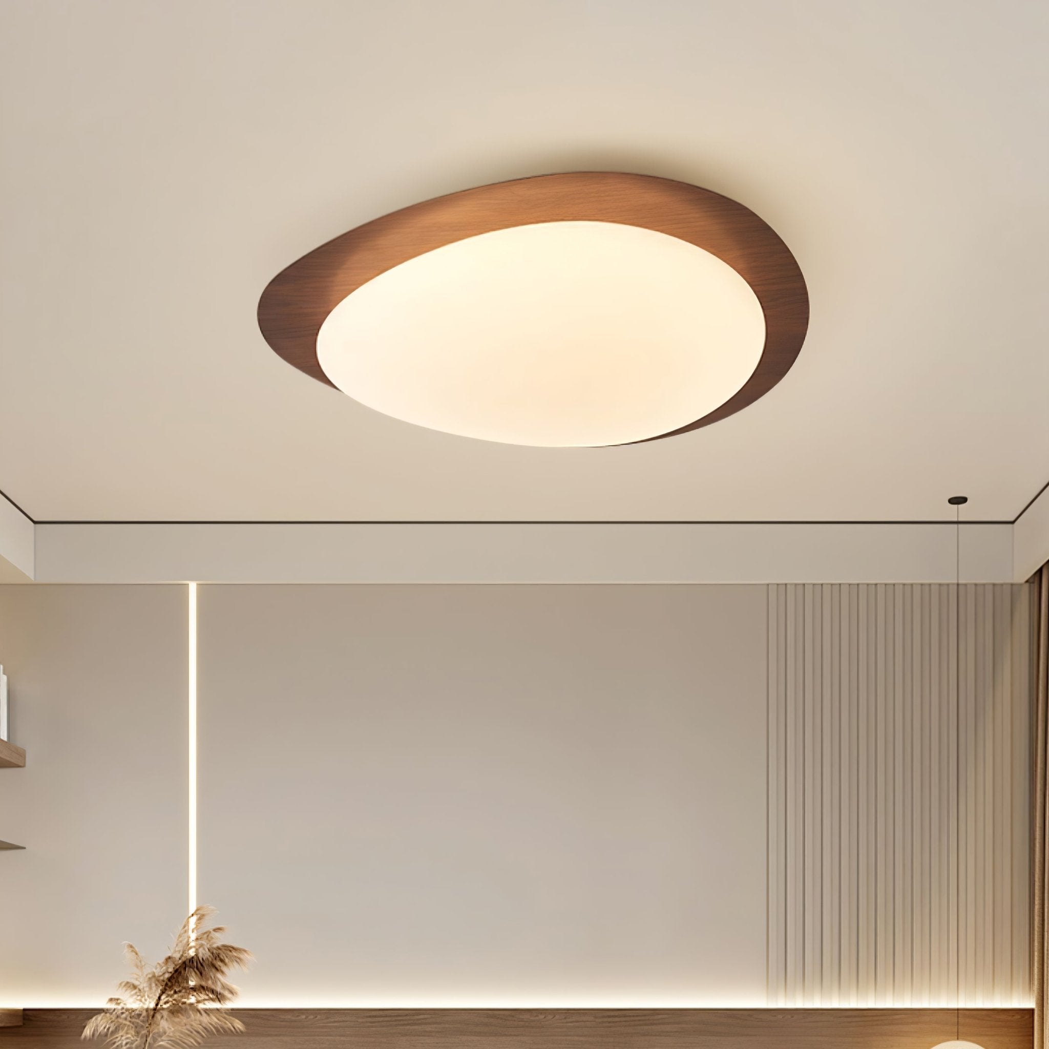 Ceiling Lamp, Pebble-Inspired Silhouette, Walnut Wood-Grain Finish, Warm Glow