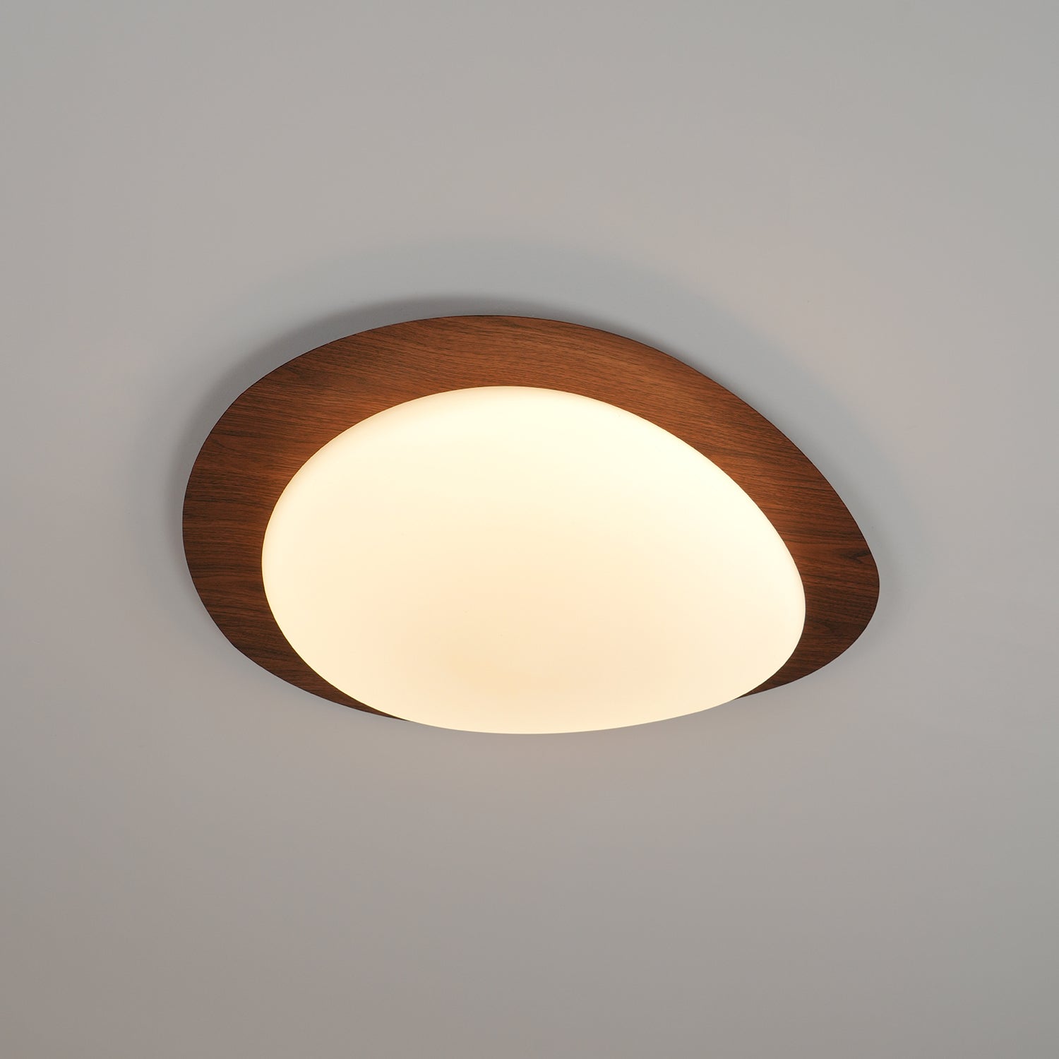 Ceiling Lamp, Pebble-Inspired Silhouette, Walnut Wood-Grain Finish, Warm Glow