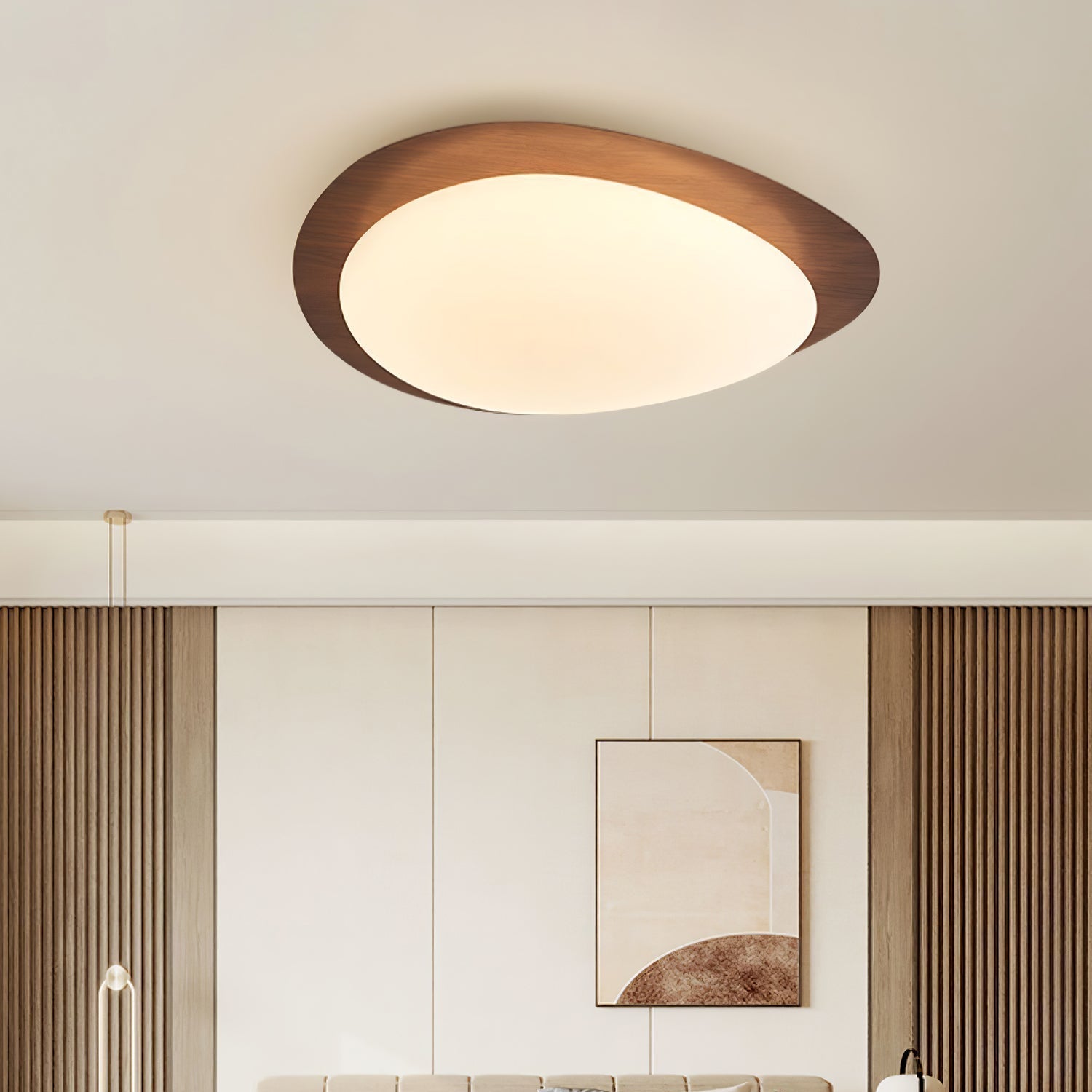 Ceiling Lamp, Pebble-Inspired Silhouette, Walnut Wood-Grain Finish, Warm Glow