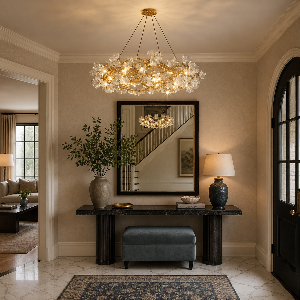 Petalwave Crystal Brass Chandelier With Split Petal Design