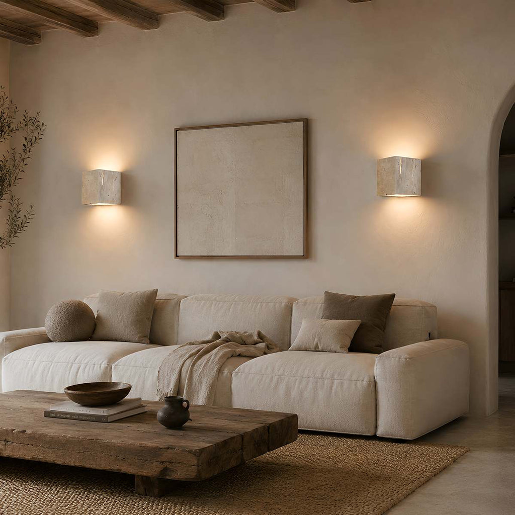 Vento Travertine Wall Lamp Yellow Modern Cube Or Rectangular Design