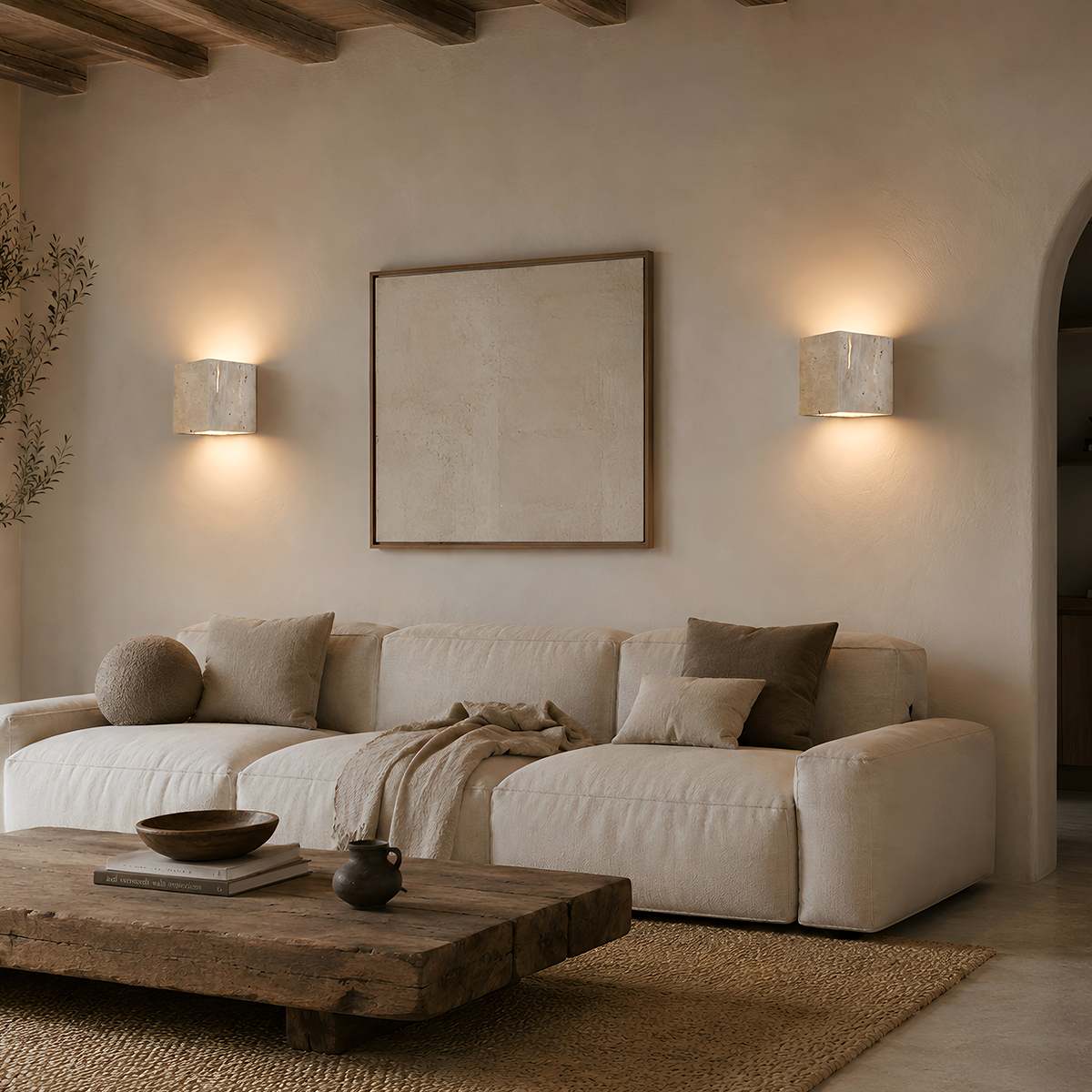 Vento Travertine Wall Lamp Yellow Modern Cube Or Rectangular Design
