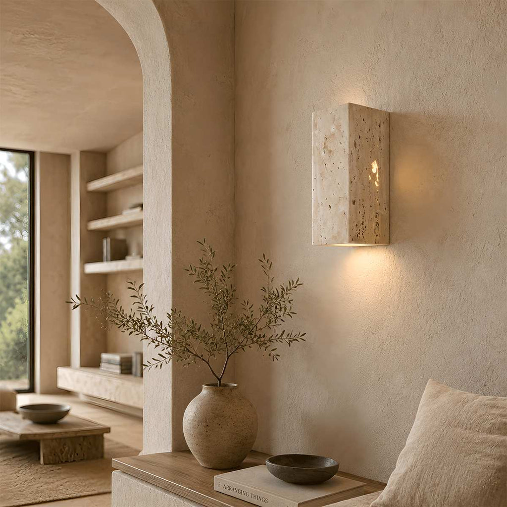 LuminaStone Travertine Wall Lamp Modern Yellow Stone Light Rectangular And Cube