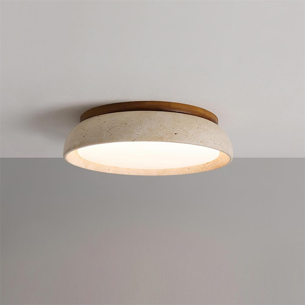 Travertinloftlampe, rundt Aureli-design med træbase