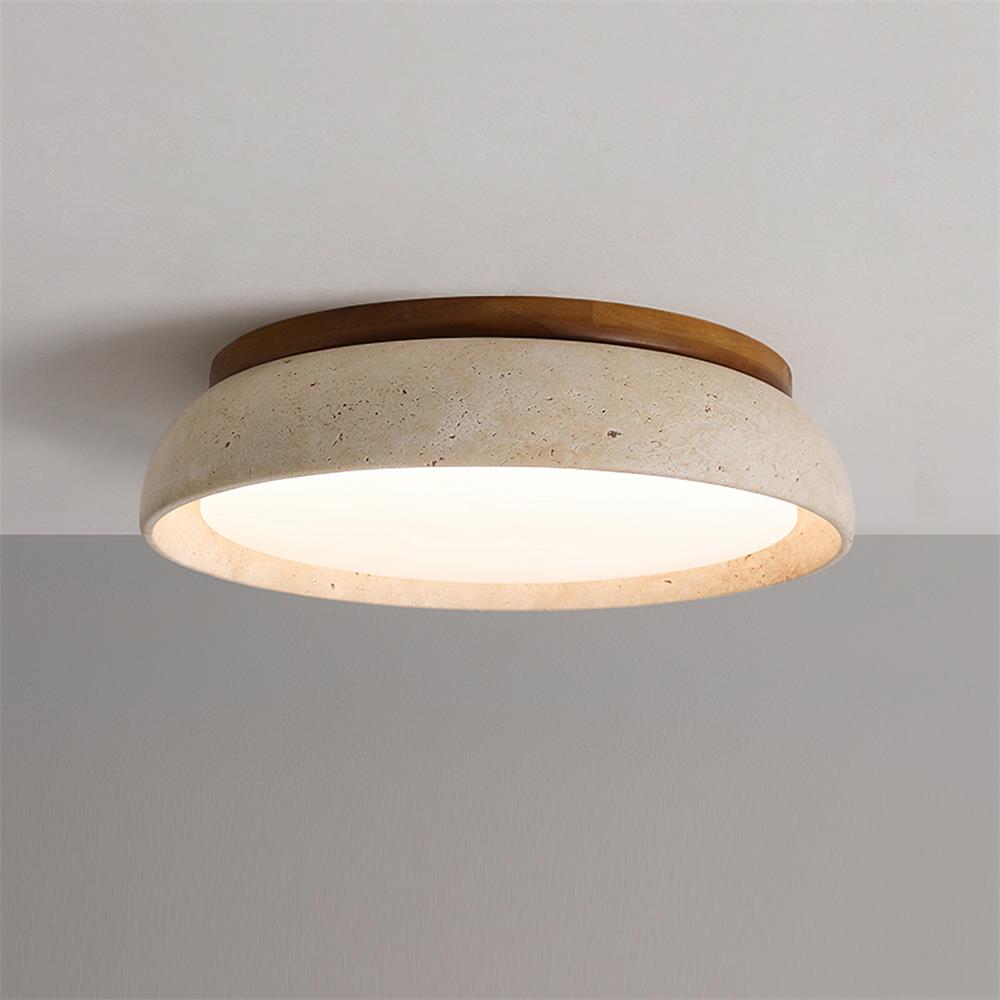 Travertinloftlampe, rundt Aureli-design med træbase