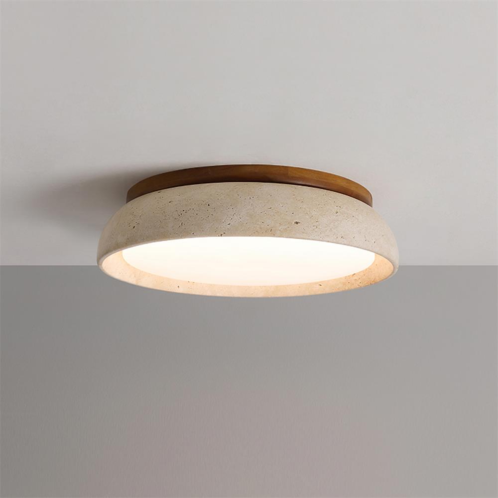 Travertinloftlampe, rundt Aureli-design med træbase