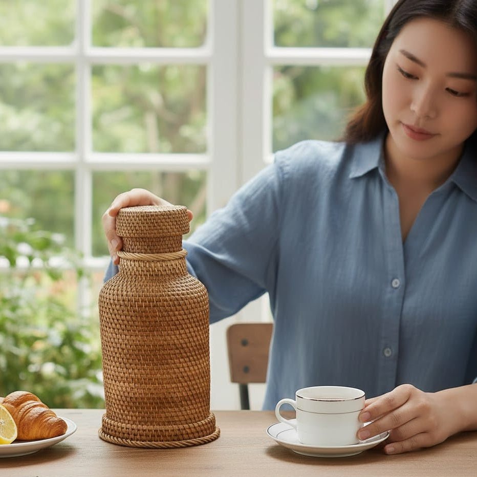 1L insulating rattan thermos jug for hot & cold drinks - Fioriscas