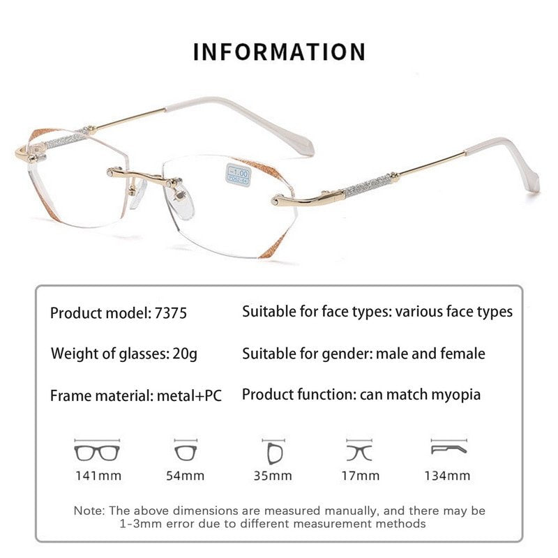 Gafas de lectura con filtro de luz azul, diseño Aurena sin montura con diamantes