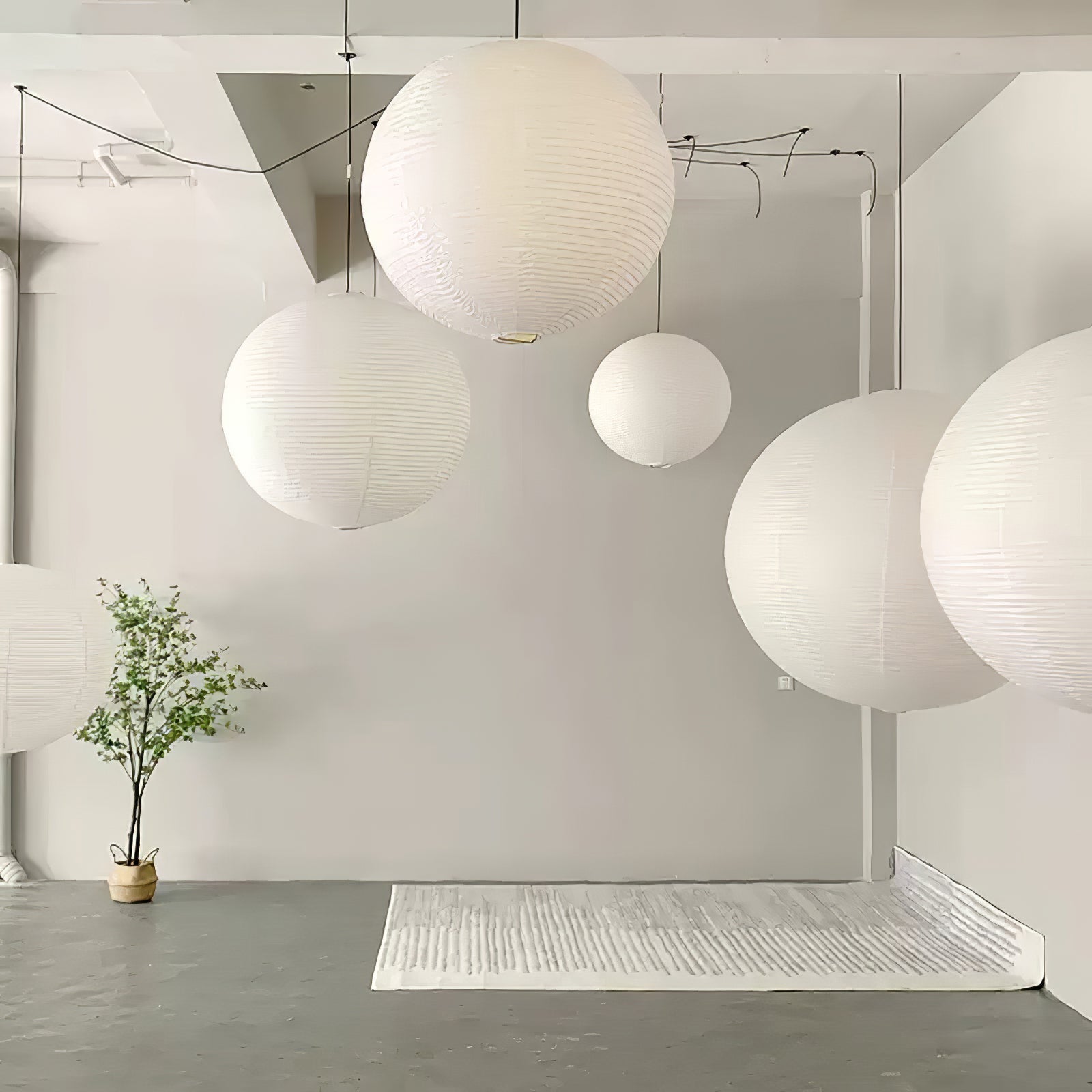 Lumiera Round Paper Lantern Swag Pendant Light White Wire Japanese Inspired Modernist