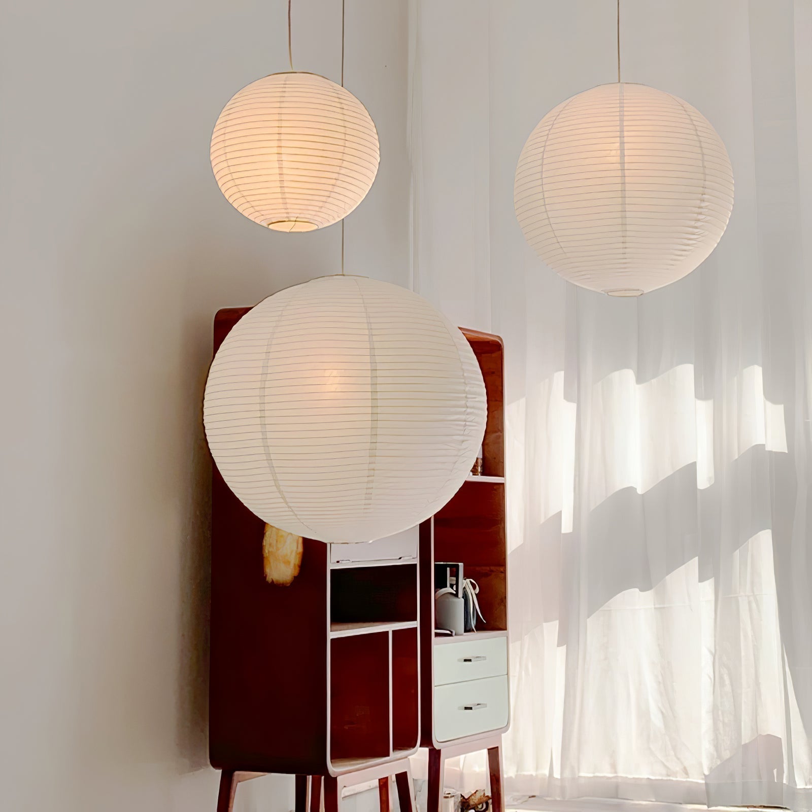 Mid Century Modern Hikari Paper Lantern Pendant Swag Light With Black Cord