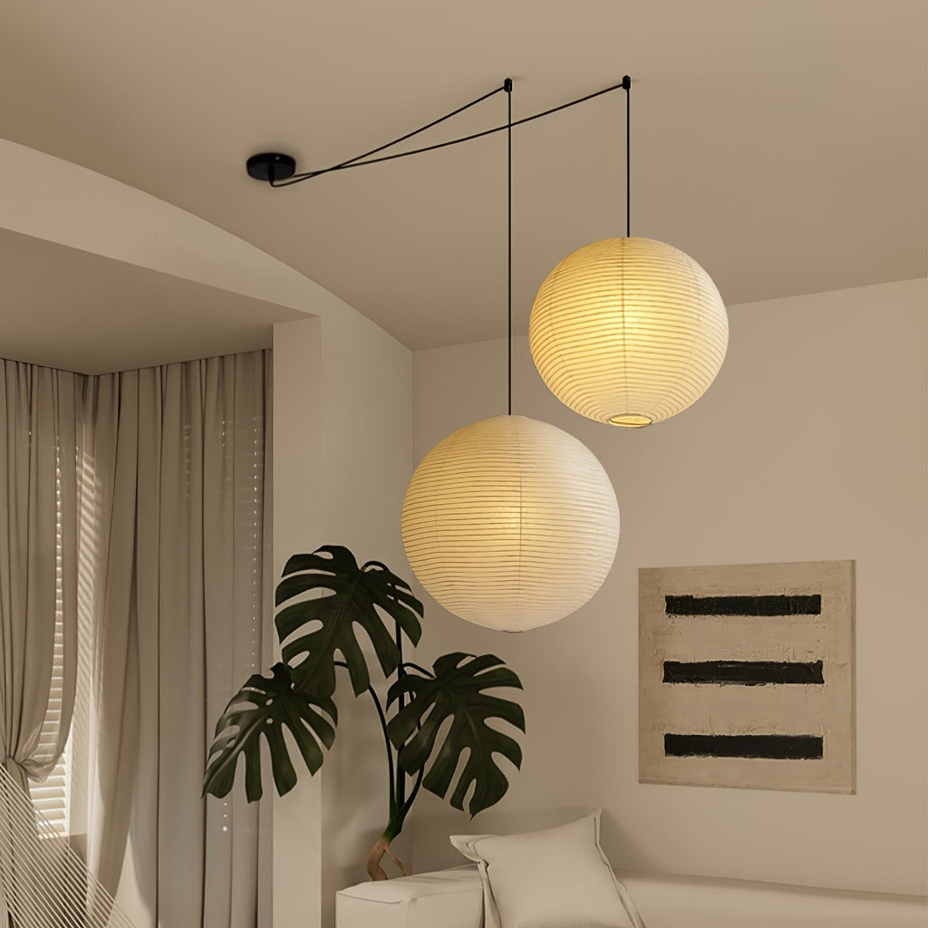 Mid Century Modern Hikari Paper Lantern Pendant Swag Light With Black Cord