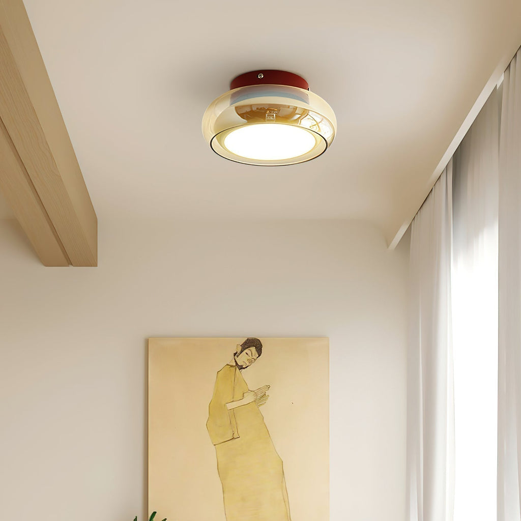 Plafonieră retro, sticlă cognac LumaNova cu bandă decorativă roșie