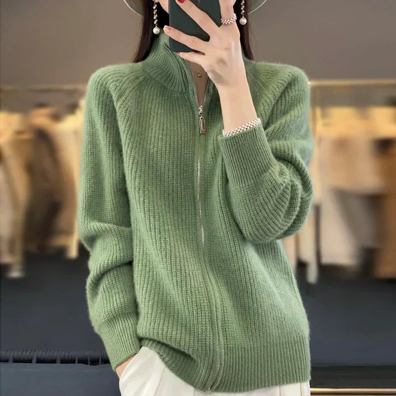 Women's 100% Wool Zip-Up Cardigan With Stand Collar, Classic Fit