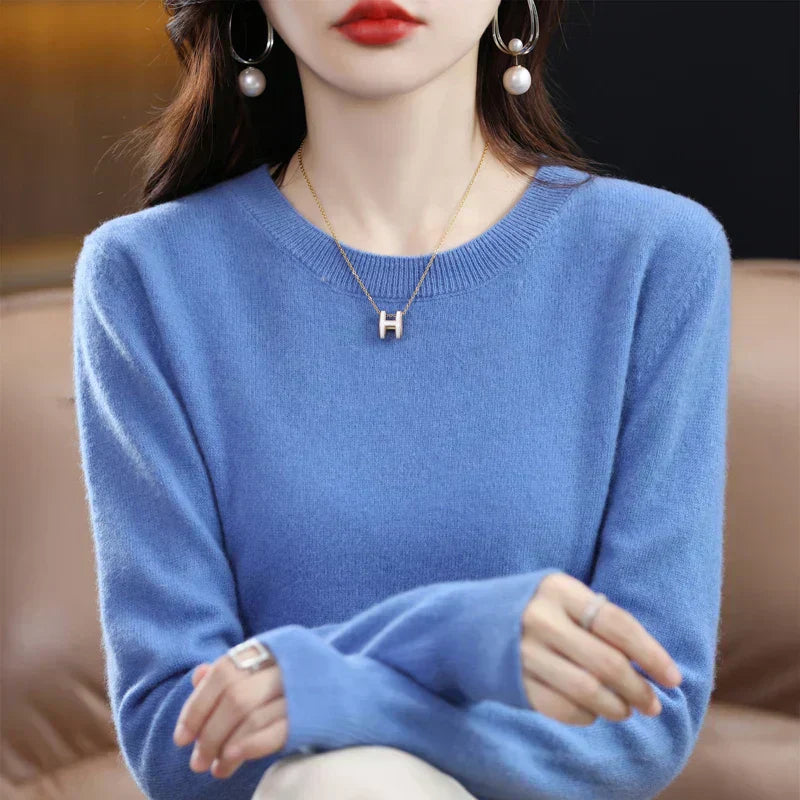 Camisola Feminina Luminara de Lã Merino, Malha Outonal Confortável com Decote Redondo
