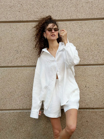 Ensemble short 100 % coton I Chemise confortable à manches longues et col à revers