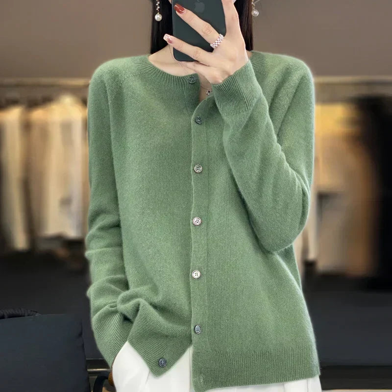 Cardigã feminino de lã merino com fecho frontal de botões, 15 cores
