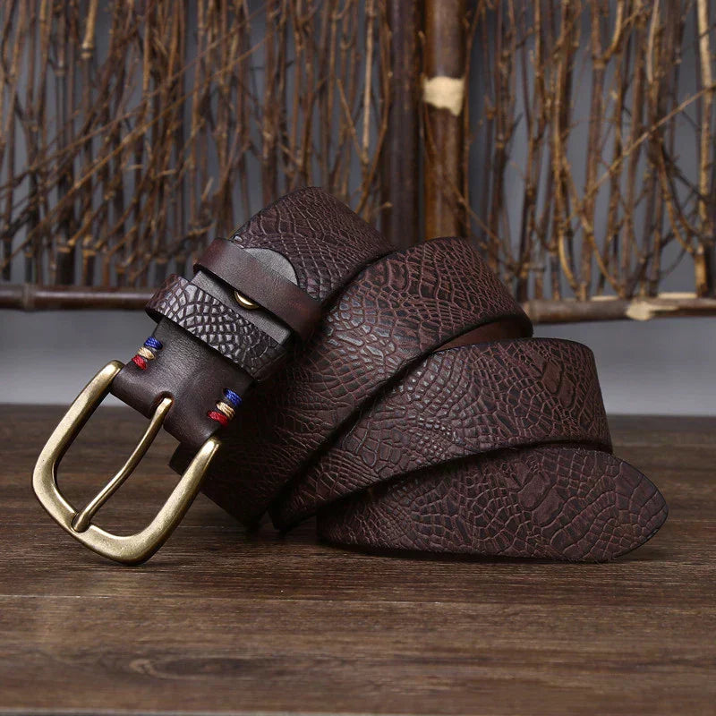 Embossed Cowhide Belt with Copper Pin Buckle, Kestrel