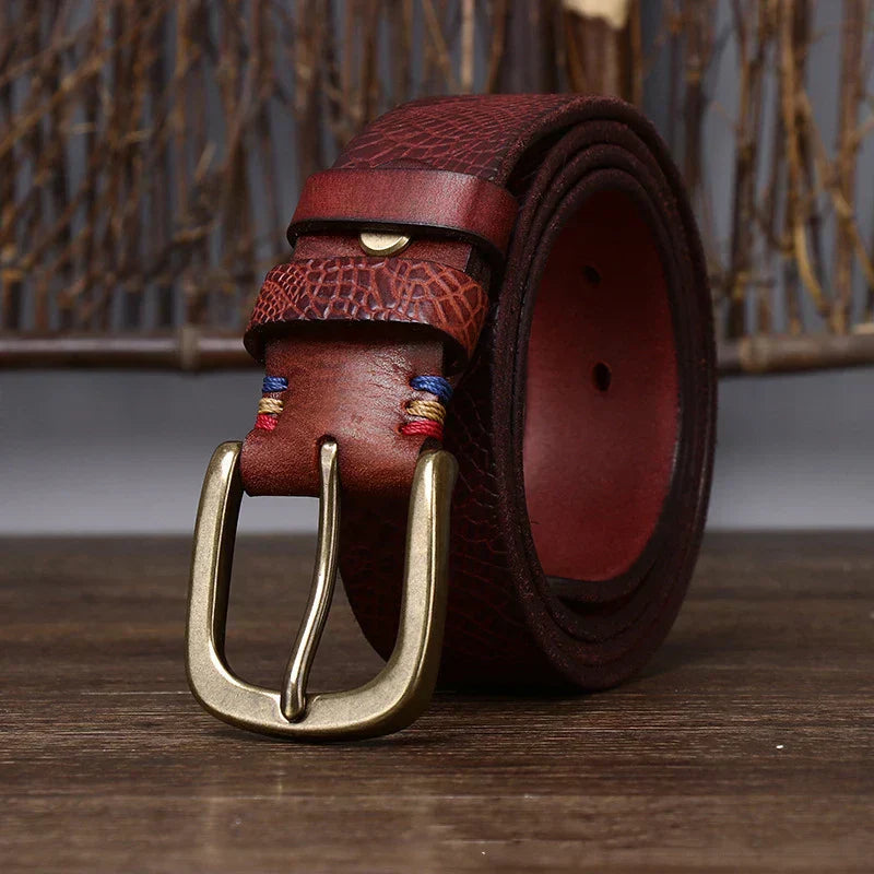 Embossed Cowhide Belt with Copper Pin Buckle, Kestrel