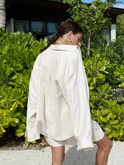 Ensemble short 100 % coton I Chemise confortable à manches longues et col à revers