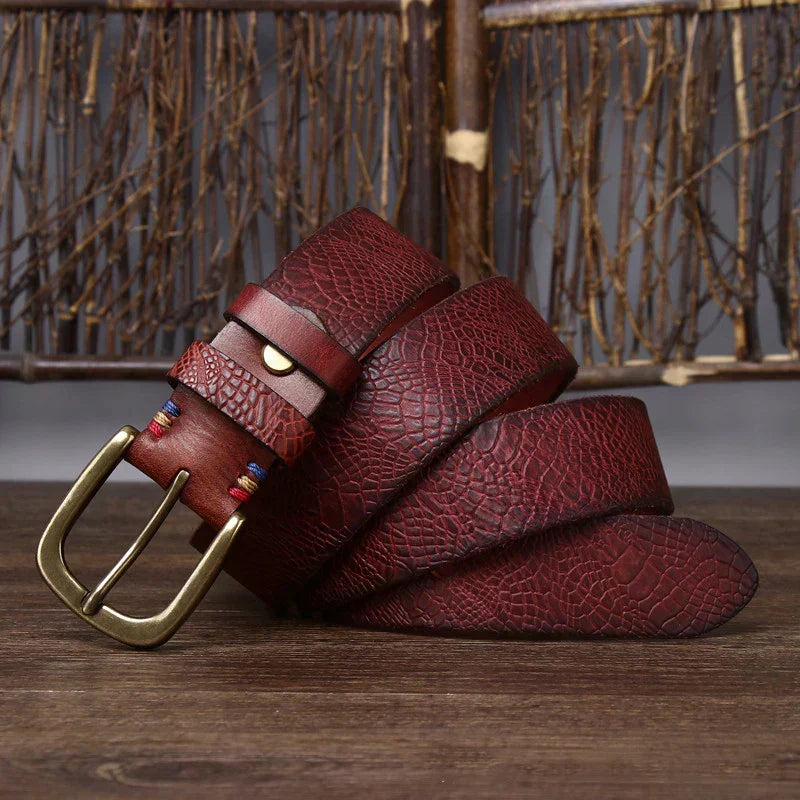 Embossed Cowhide Belt with Copper Pin Buckle, Kestrel