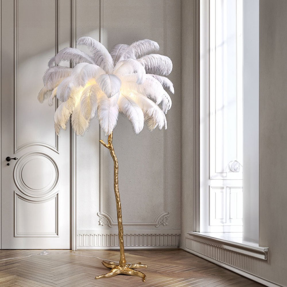 Lámpara de pie de plumas de avestruz, LED de altura ajustable con base de latón