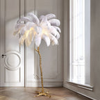 Lámpara de pie de plumas de avestruz, LED de altura ajustable con base de latón