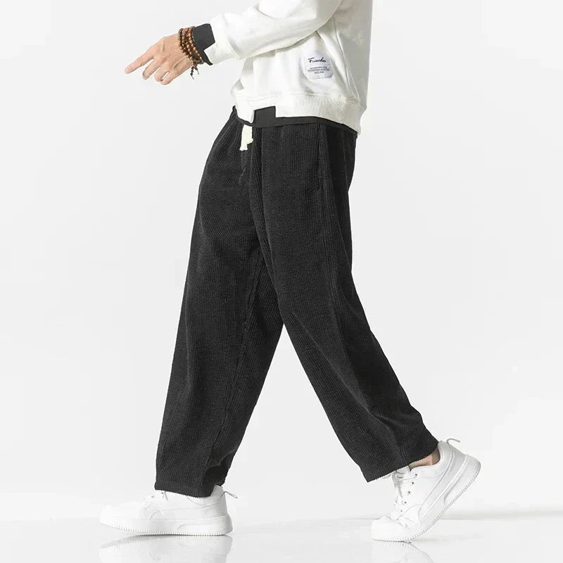 Pantaloni din catifea cu manșete elastice și talie cu șnur, croială lejeră