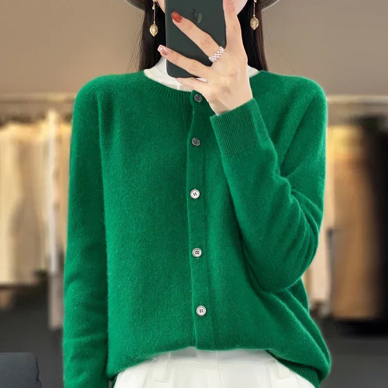 Cardigã feminino de lã merino com fecho frontal de botões, 15 cores