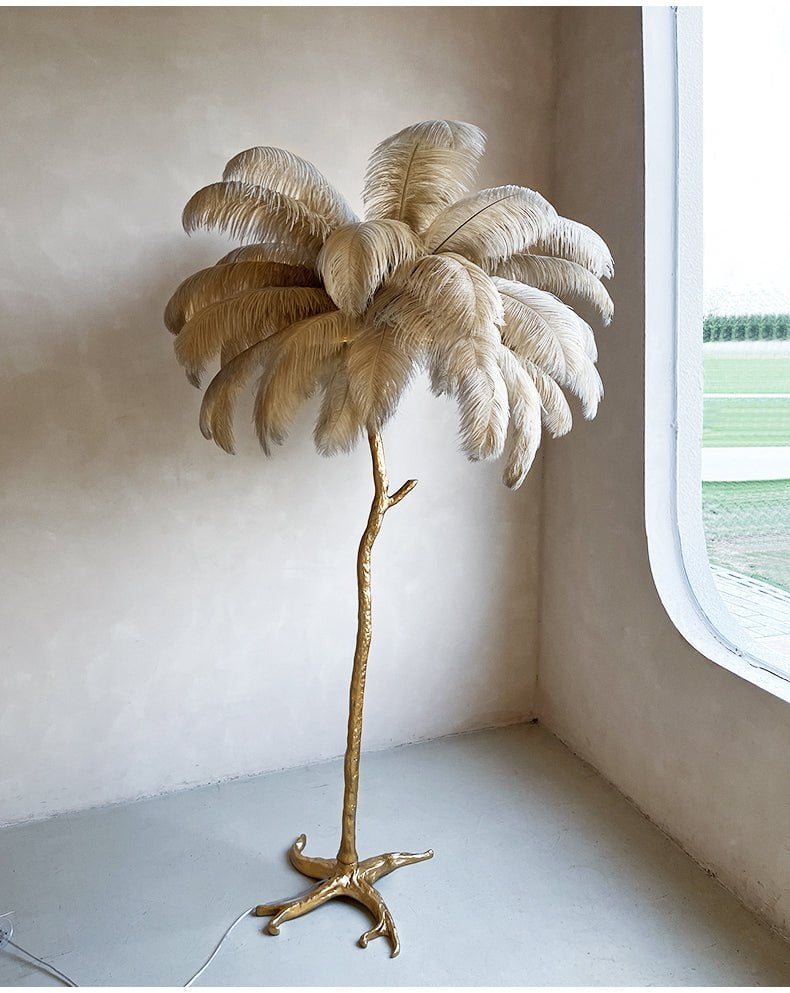 Lámpara de pie de plumas de avestruz, LED de altura ajustable con base de latón